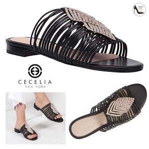 Cecelia New York Darleen Slide Sandal Black Leather Slip On Caged Mule Flats 7